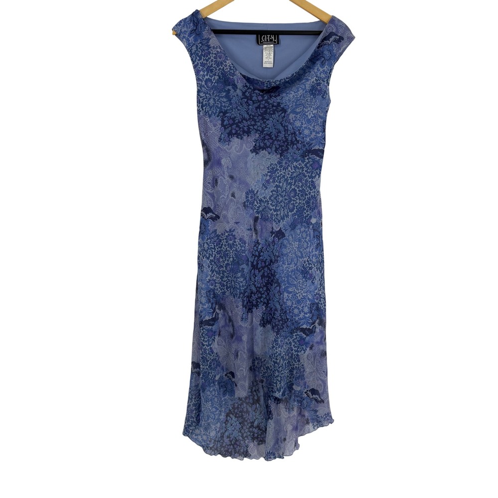 Y2K City Triangles Floral Midi Dress Size 5 Vintage Cowl Neck Lettuce Hem Retro